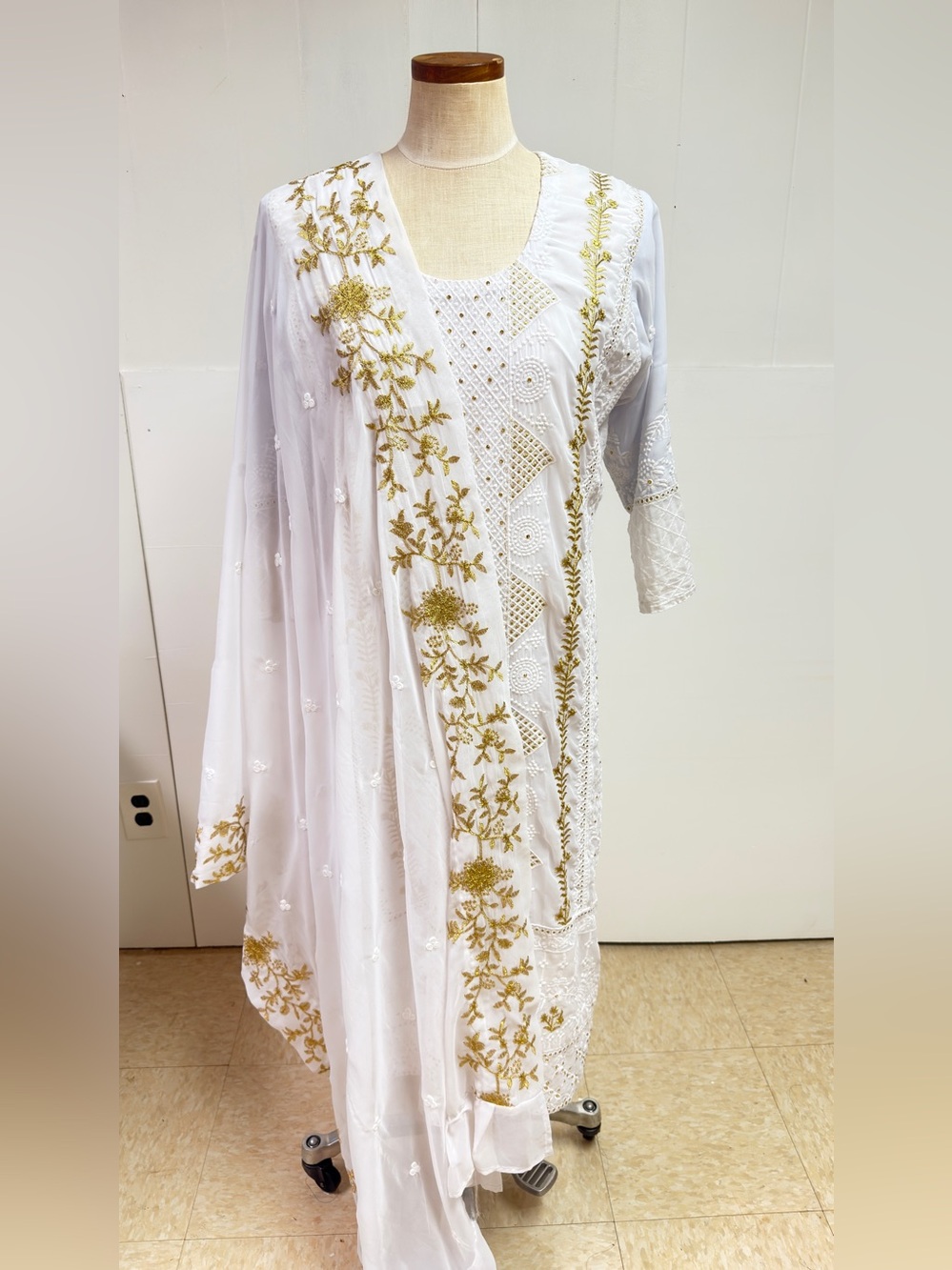 White Embroidered Women's Dress with Gold Accents